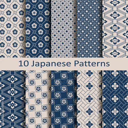set with eight seamless vector blue japanese floral geometric paterns. design for textile, packaging, covers