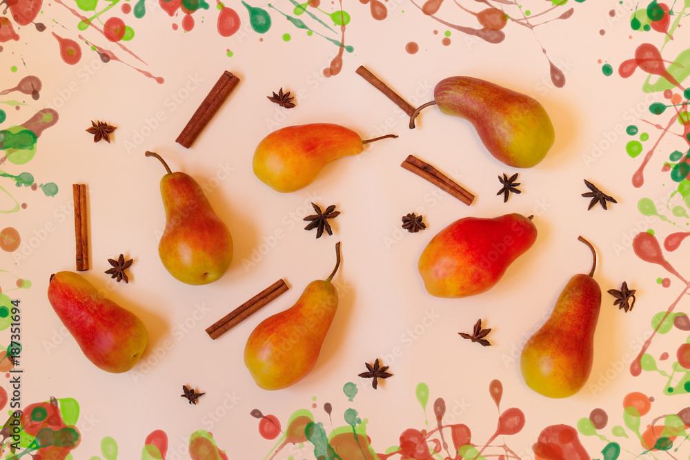 Colorful pattern made of pears, cinnamon and anice Colorful pattern made of pears, cinnamon and anice