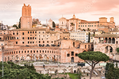 Panoramic view of Roman Forum at sunset in Rome, Italy.