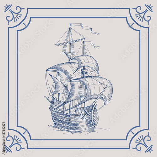 Old caravel. Ship on the Blue Dutch tile. Imitation. Frigate, vintage sailboat, Sailing vessel , glazed porcelain ceramic.