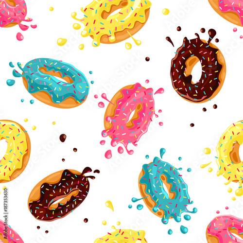 Donut seamless pattern. Pink donut, chocolate donut, lemon donut  and blue mint donut with different topping on white  background