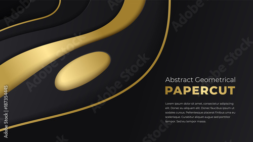 Abstract paper cut background with simple black and golden shapes. Modern vector illustration for concept design. Realistic 3d layered smooth papercut.