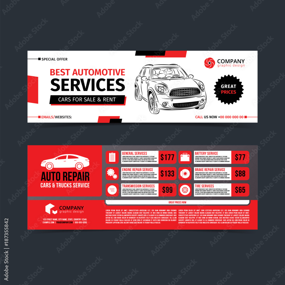 Design of banners. Set of Auto Repair Cars & Trucks Service layout, cars  for sale & rent brochure, mockup flyer. Vector illustration. Stock Vector |  Adobe Stock