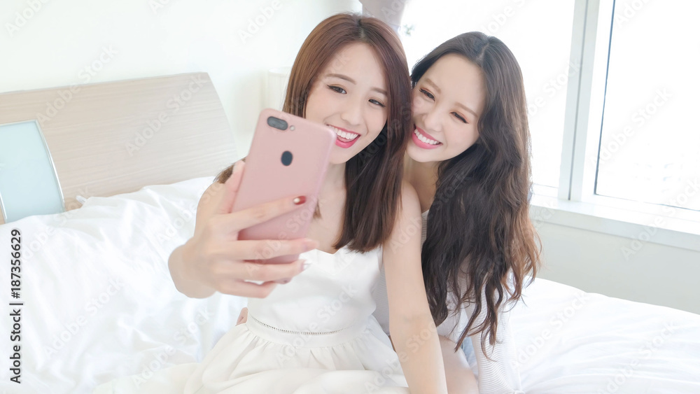 two beauty woman selfie happily