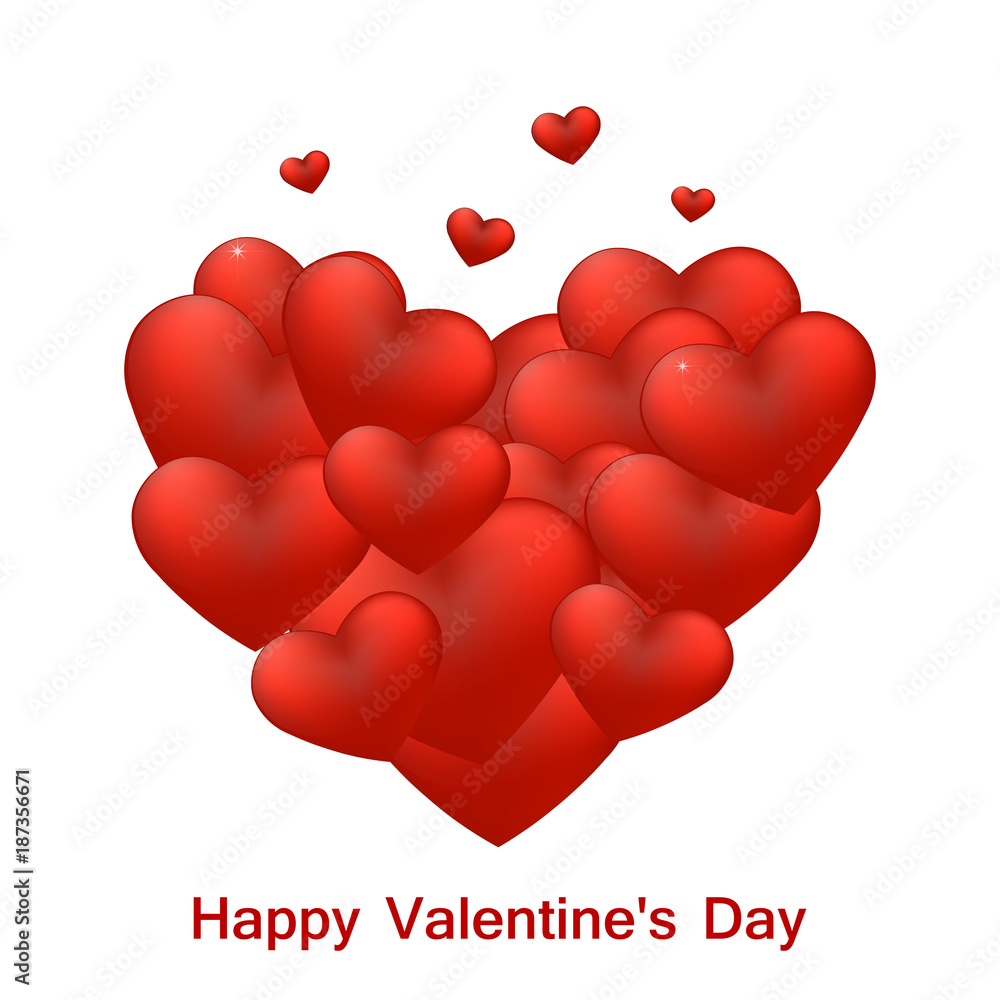 Valentine`s day background with red flying hearts. Vector illustration.
