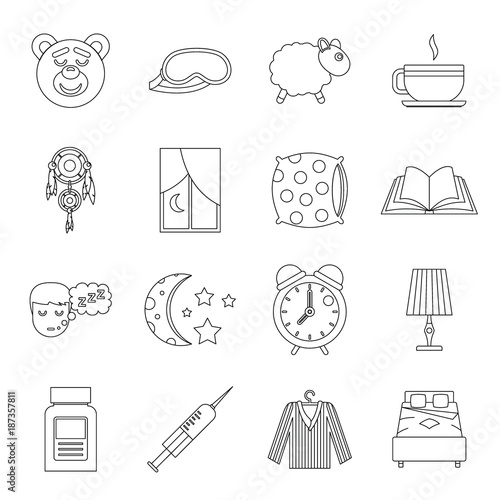 Sleep icons set, outline style