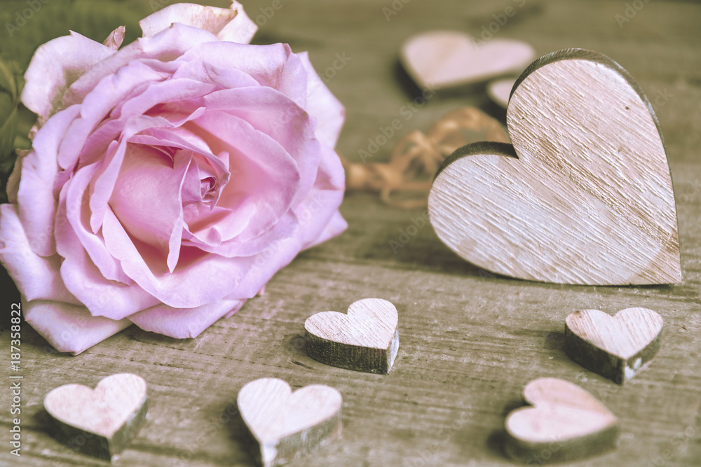 Fototapeta premium Einzelne Rose mit Herzen, Grußkarte, Glückwünsche