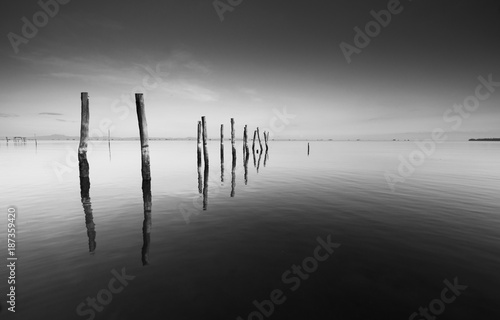 Calm scene with reflection of wooden pillars in black and white at a coast in Pitas, Sabah, Borneo, East Malaysia