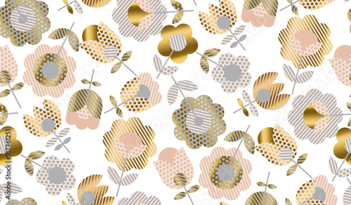 Abstract elegant geometric tulip floral seamless pattern for surface design. Spring blossom flowers in gold and pale rose color. Vector illustration.