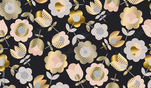 Abstract elegant geometric tulip floral seamless pattern for surface design. Spring blossom flowers in gold and pale rose color. Vector illustration on black background.