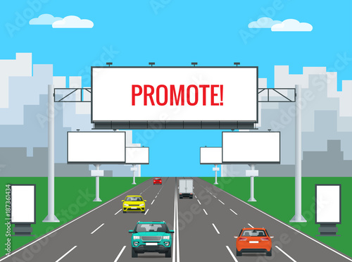 Big Blank Billboard, Poster, Board, Banner template with urban landscape. Large promotional banner with cars and city street houses.