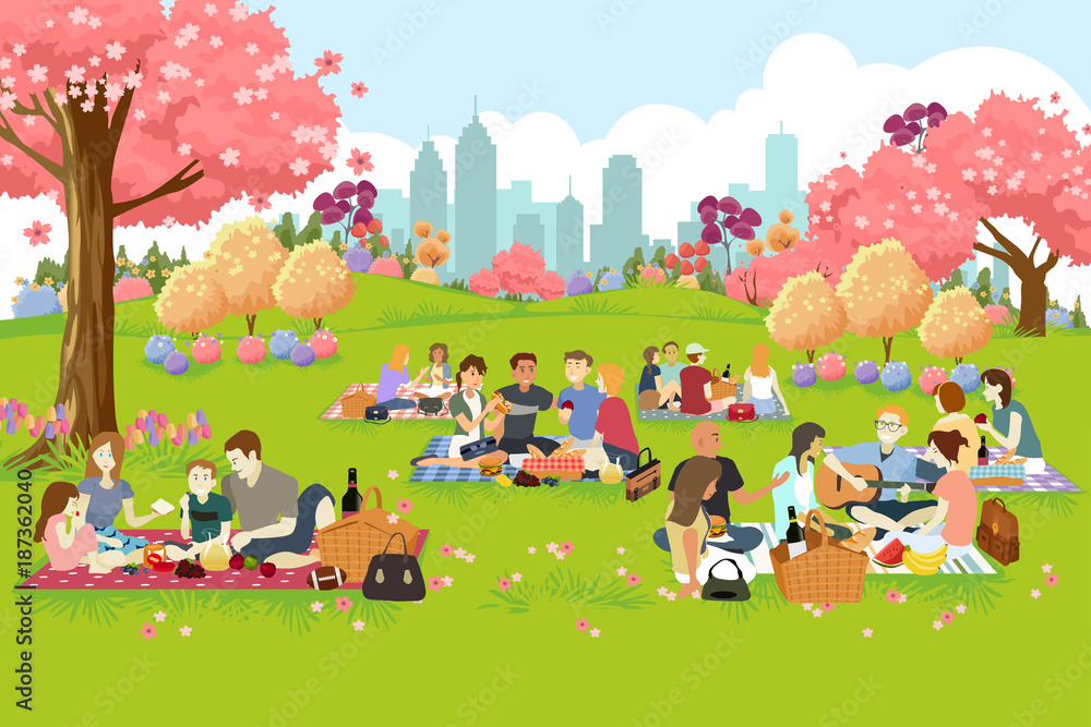 People Having Picnic at the Park During Spring Stock 벡터 Adobe Stock