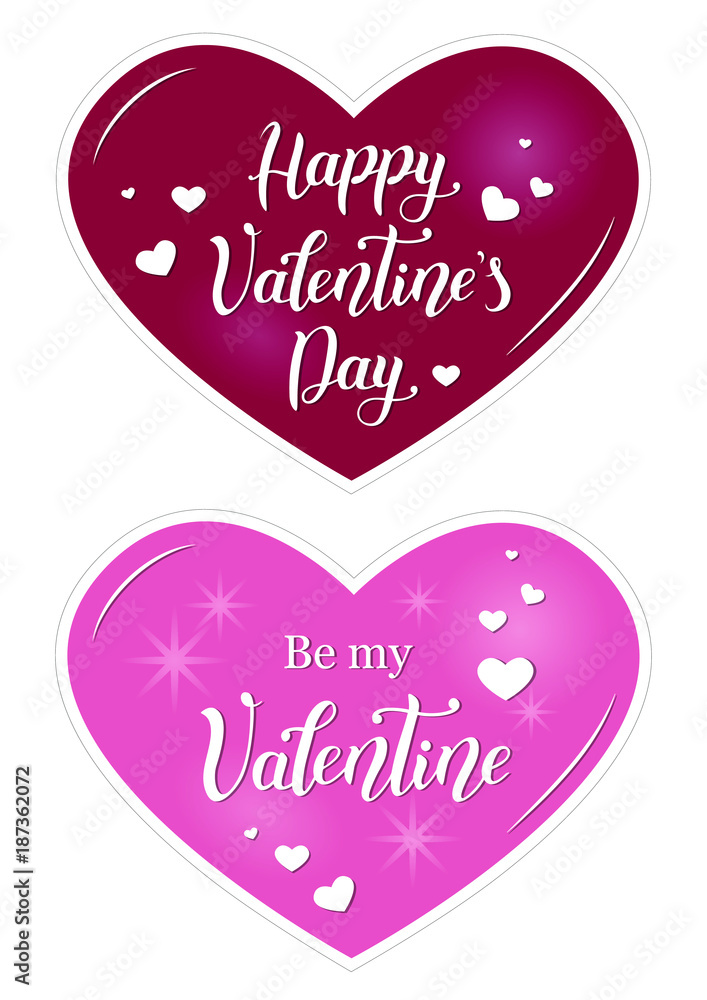 Pink and wine colored valentines with calligraphy lettering of Happy Valentine's day and Be my Valentine in white decorated with hearts and stars