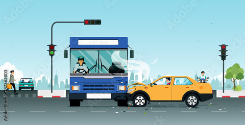 An accident on a bus collides with a personal vehicle due to traffic light violations.