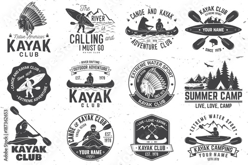 Set of canoe and kayak club badges. Vector illustration.