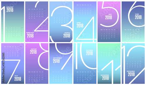Monthly Calendar 2018 year. Vector Template