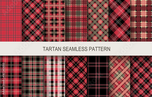 Tartan seamless patterns in red and black colors