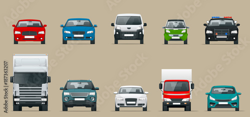 Car front view set. Vehicles driving in the city. Vector flat style cartoon illustration isolated on grey background