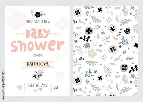 Baby shower girl and boy posters, vector templates. Vintage style with leaves, flowers, lettering. Cards with hand drawn text and elements on white background