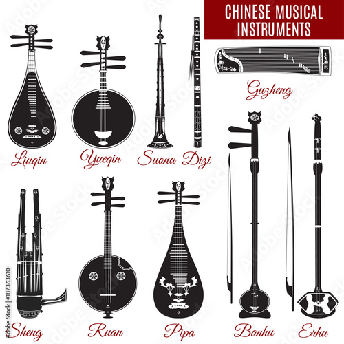 Vector set of black and white chinese musical instruments photo