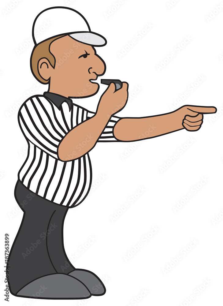 A cartoon referee is about to blow his whistle and make a call on a