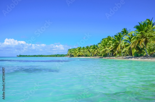 Tropical beach lagoon with palm trees. Thailand tourism panorama of island and ocean horizon