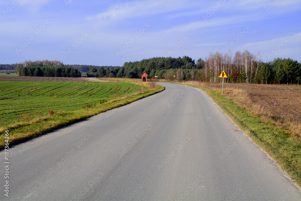 droga asfaltowa przez pola i lasy