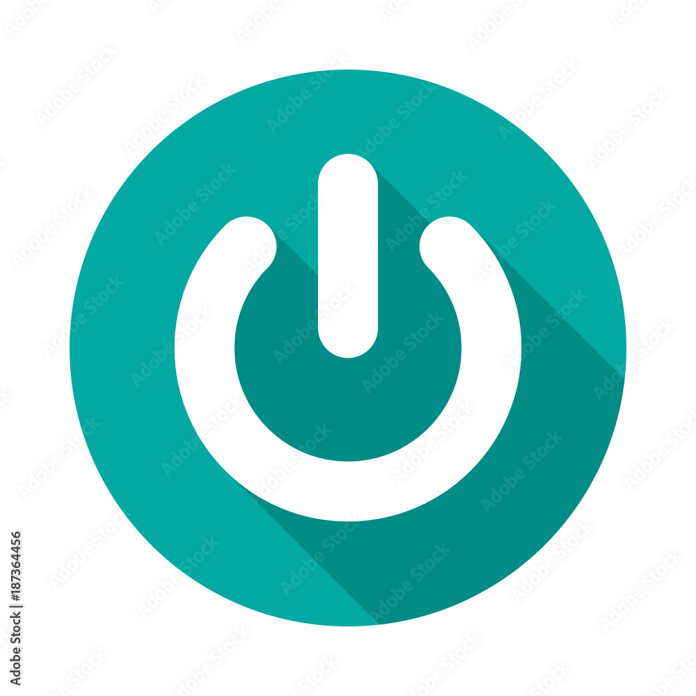 Power button circle icon with long shadow. Flat design style. Power on off button simple silhouette. Modern, minimalist, round icon in stylish colors. Web page and mobile app design vector element. Power button circle icon with long shadow. Flat design style. Power on off button simple silhouette. Modern, minimalist, round icon in stylish colors. Web page and mobile app design vector element.