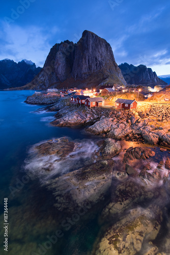 Fishermen   s cabins in the Hamnoy village at night  Lofoten Islands  Norway