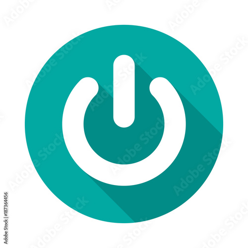Power button circle icon with long shadow. Flat design style. Power on off button simple silhouette. Modern, minimalist, round icon in stylish colors. Web page and mobile app design vector element.