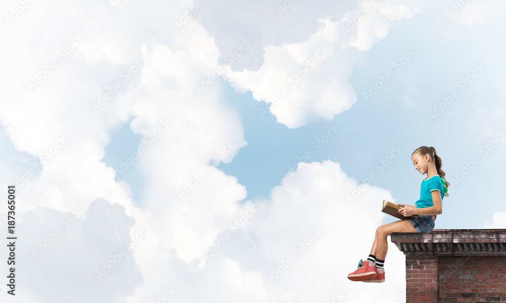 Concept of careless happy childhood with girl exploring this world Concept of careless happy childhood with girl exploring this world