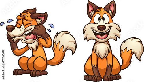 Cartoon happy and sad fox. Vector clip art illustration with simple gradients. Each on a separate layer.  