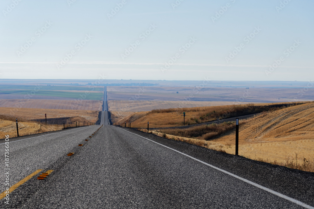 Highway through rolling golden farmland