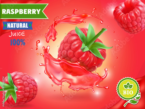 Raspberry juice advertising Fresh berry splash Vector illustration