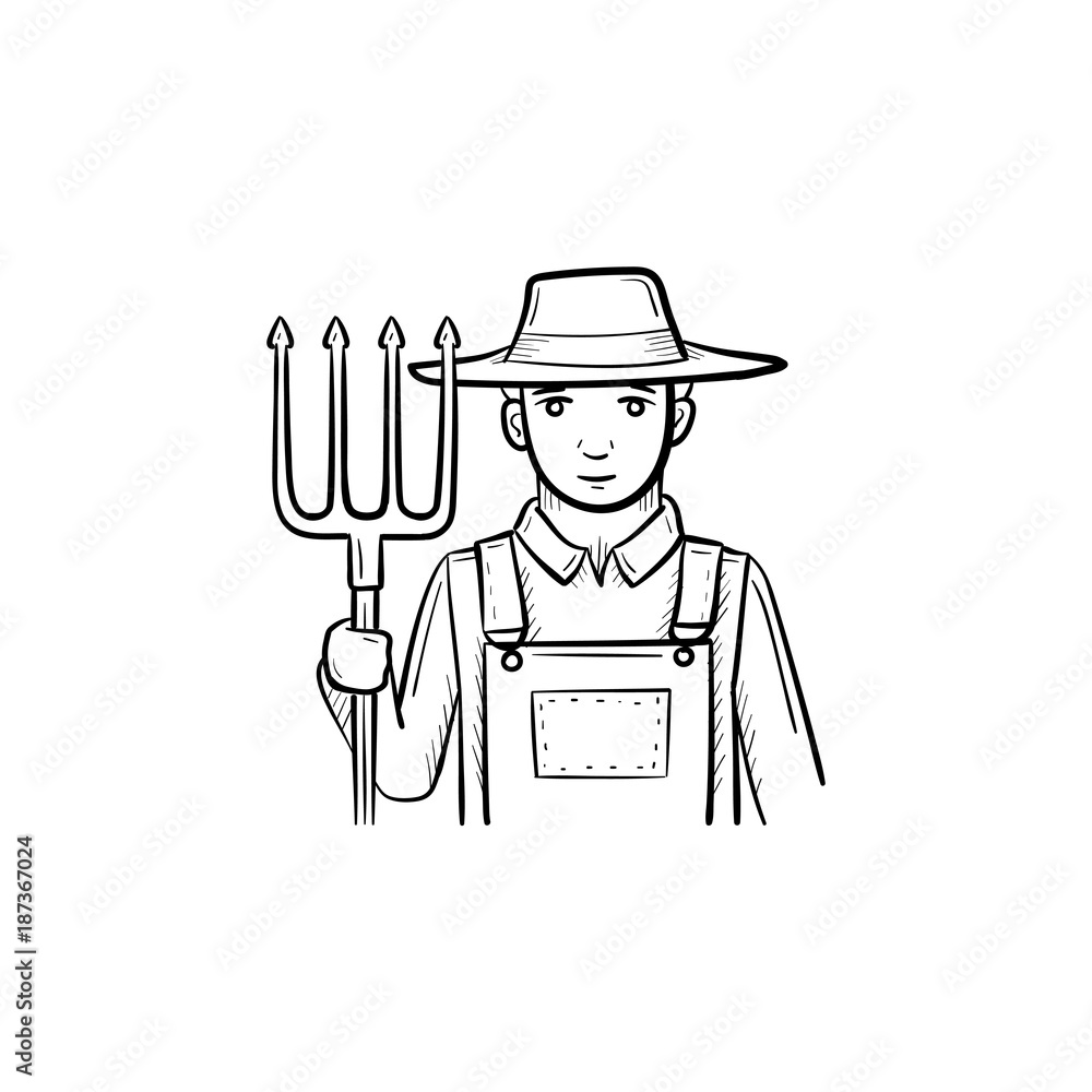 Vector hand drawn Farmer with pitchfork outline doodle icon