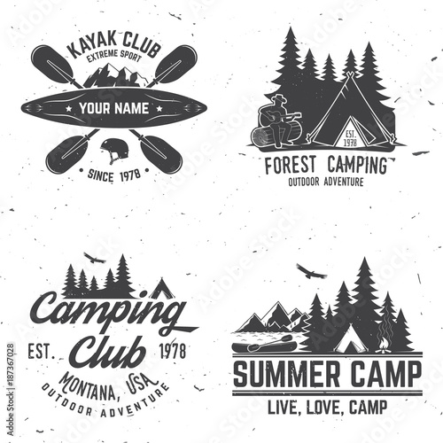Set of kayak, camping and caravanning club badge.