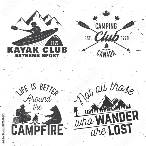 Set of kayak, camping and caravanning club badge.