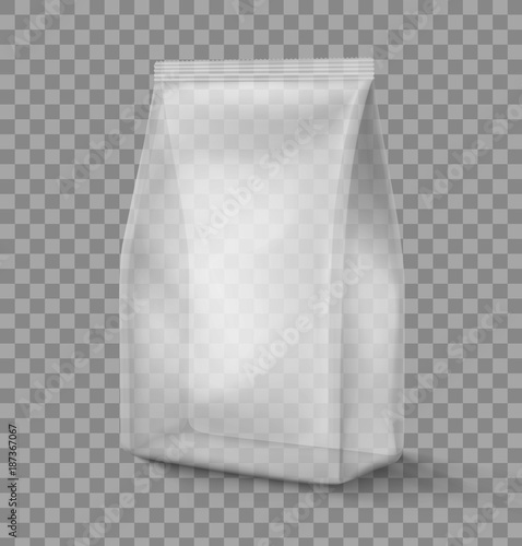 Mockup of stand up plastic snack bag. Vector illustration on transparent background, ready and simple to use for your design. The mock-up will make the presentation look as realistic as possible. 