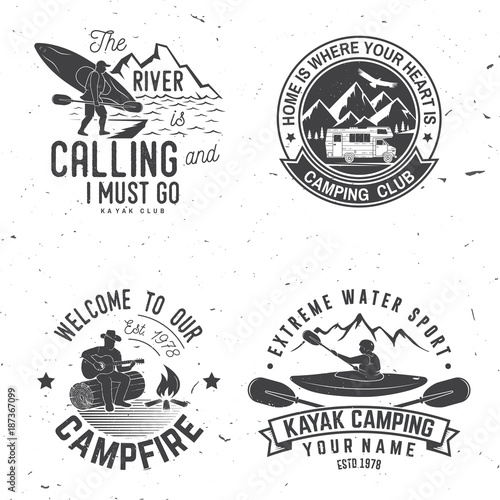 Set of kayak, camping and caravanning club badge.