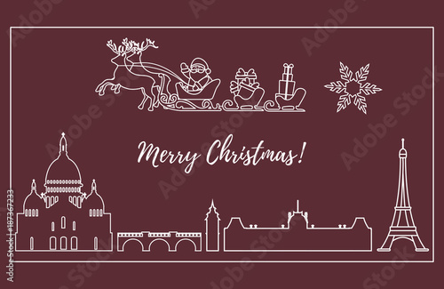 Santa Claus in sleigh with deers flying over Paris