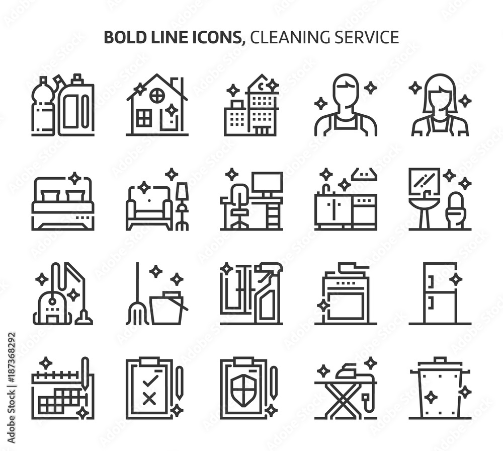 Cleaning service, bold line icons