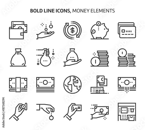 Money elements, bold line icons