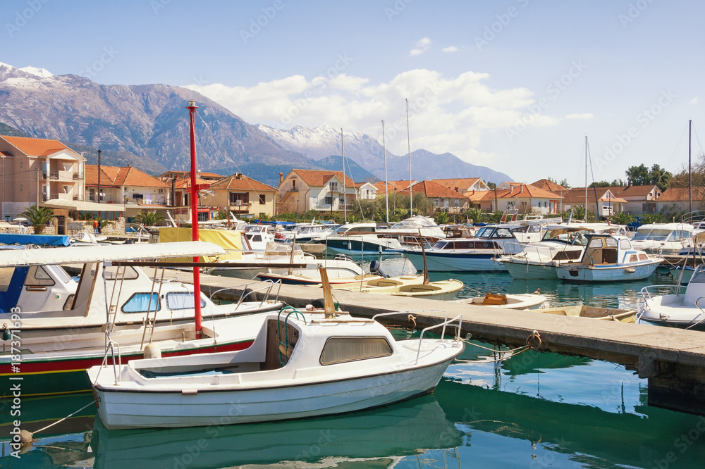 Fishing boats in harbor. Marina Kalimanj in Tivat city, Montenegro