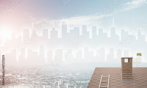 Concept of real estate and construction with drawn silhouette on big city background