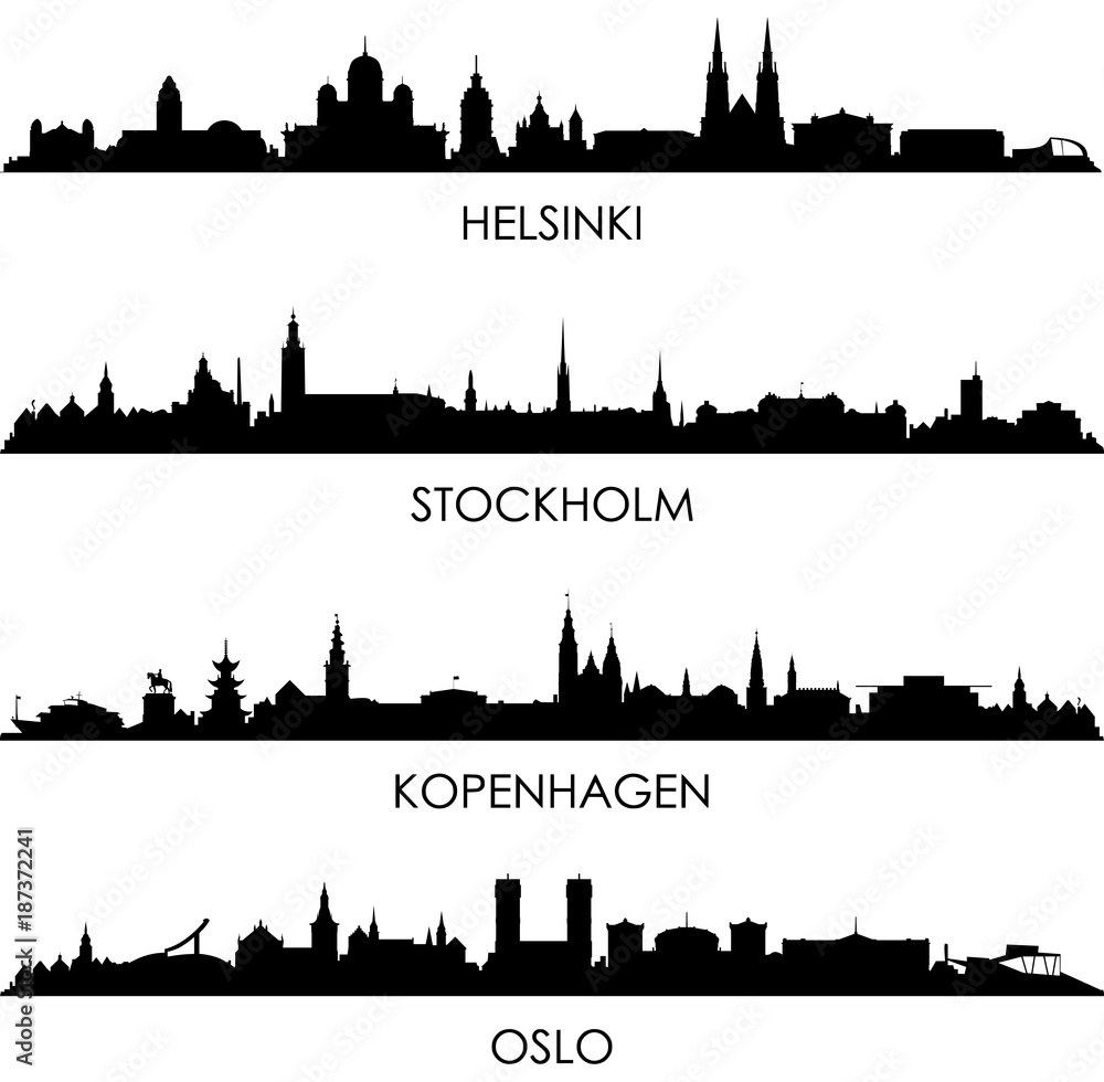 Skylines Kopenhagen, Stockholm, Oslo, Helsinki, 