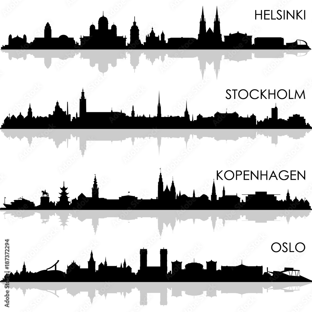 Skylines Kopenhagen, Stockholm, Oslo, Helsinki, 
