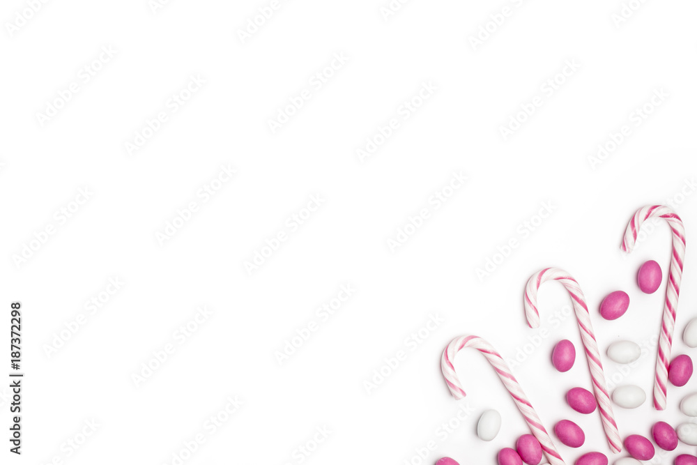 Frame Pink and White candies and lollipops Top view White Background Valentine's Day Frame Pink and White candies and lollipops Top view White Background Valentine's Day