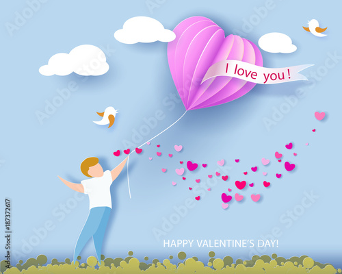 Card for Valentines day. Abstract background with text and flowers .Vector illustration. Paper cut and craft style. photo