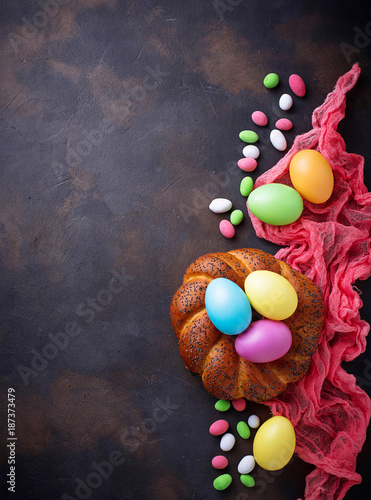 Colorful Easter eggs and wicker bread  photo