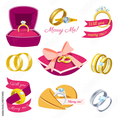 Wedding rings vector engagement symbol gold silver jewellery for proposal marriage wed sign will you marry me bridal illustration set isolated on white background